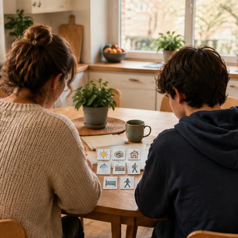 En vuxen och en ung person gör en lugn aktivitet tillsammans vid ett köksbord.