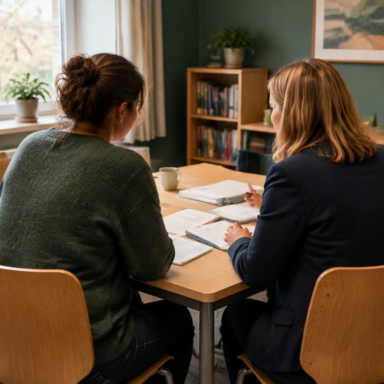 Två vuxna samtalar respektfullt vid ett bord inför ett samarbete kring skolan.