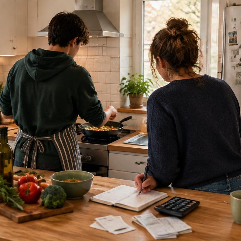 En ung person lagar mat medan en stödjande vuxen planerar hushållsekonomi i närheten.
